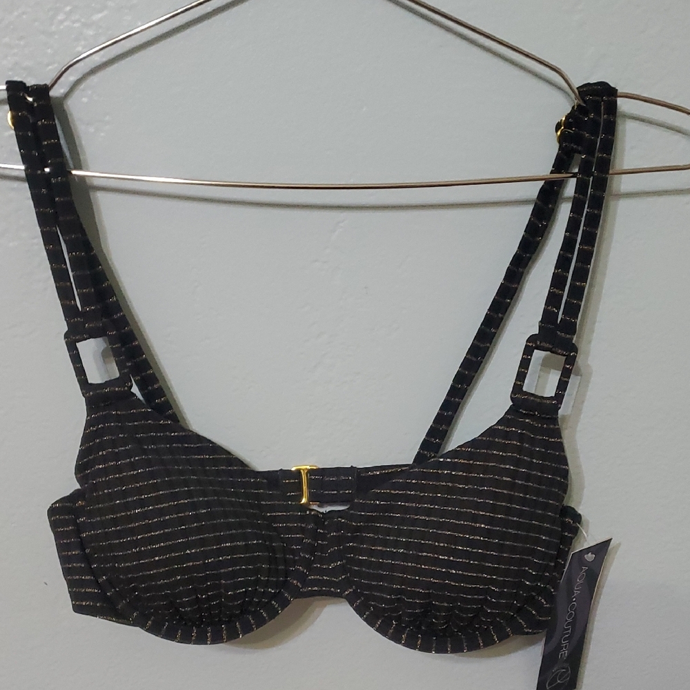 Chic Black and Gold Striped Bikini Top